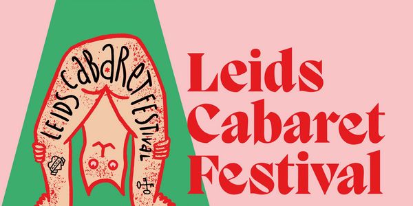 Illustratie van het roze en groene artwork en logo van het Leids Cabaret Festival